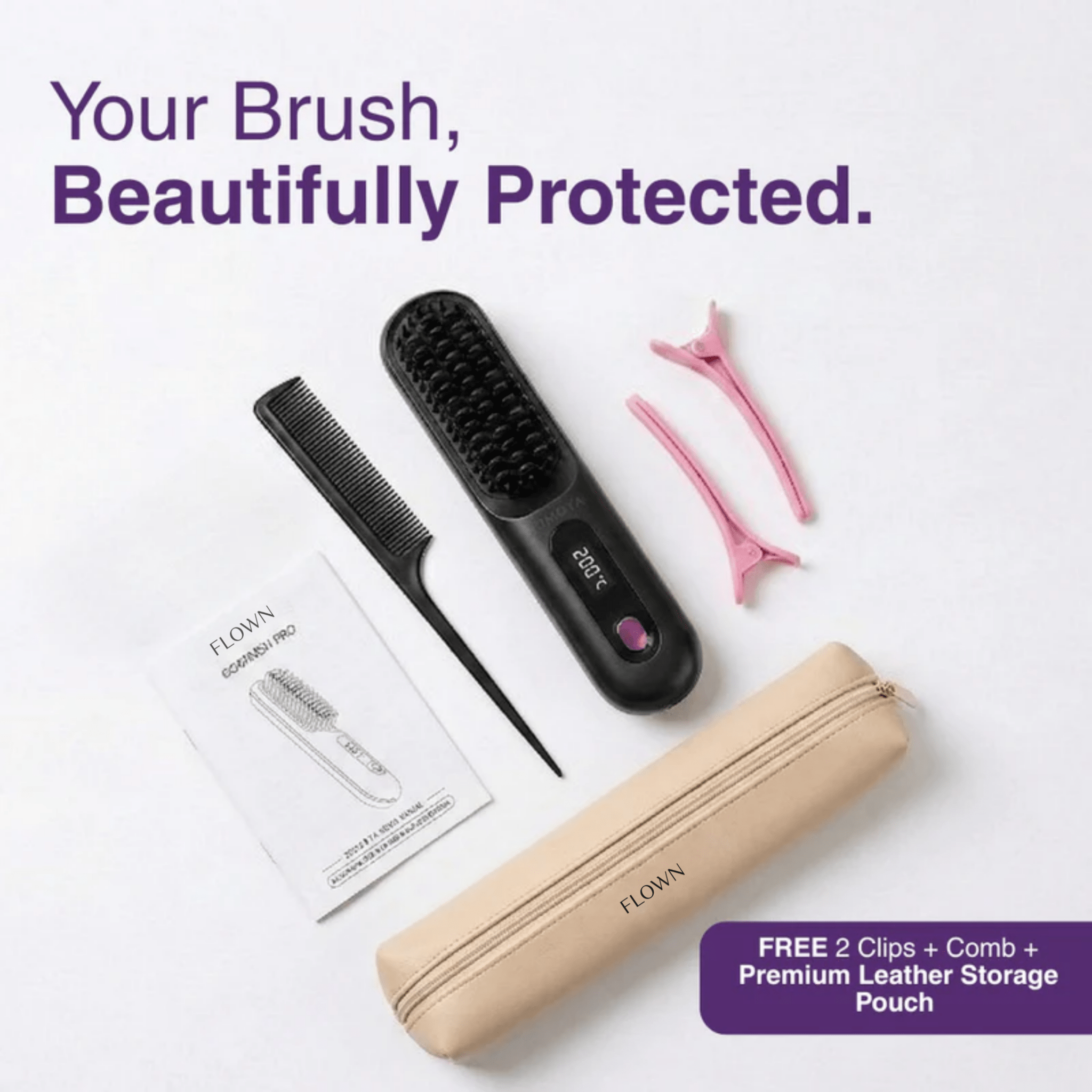 [NEW]  FLOWN Portable Straightener Brush - GoBrush PRO + Free Leather Pouch - NUMOYA